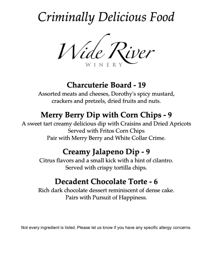 Small Bites Menu for Village of East Davenport Wide River Winery Good Times, Great Wines